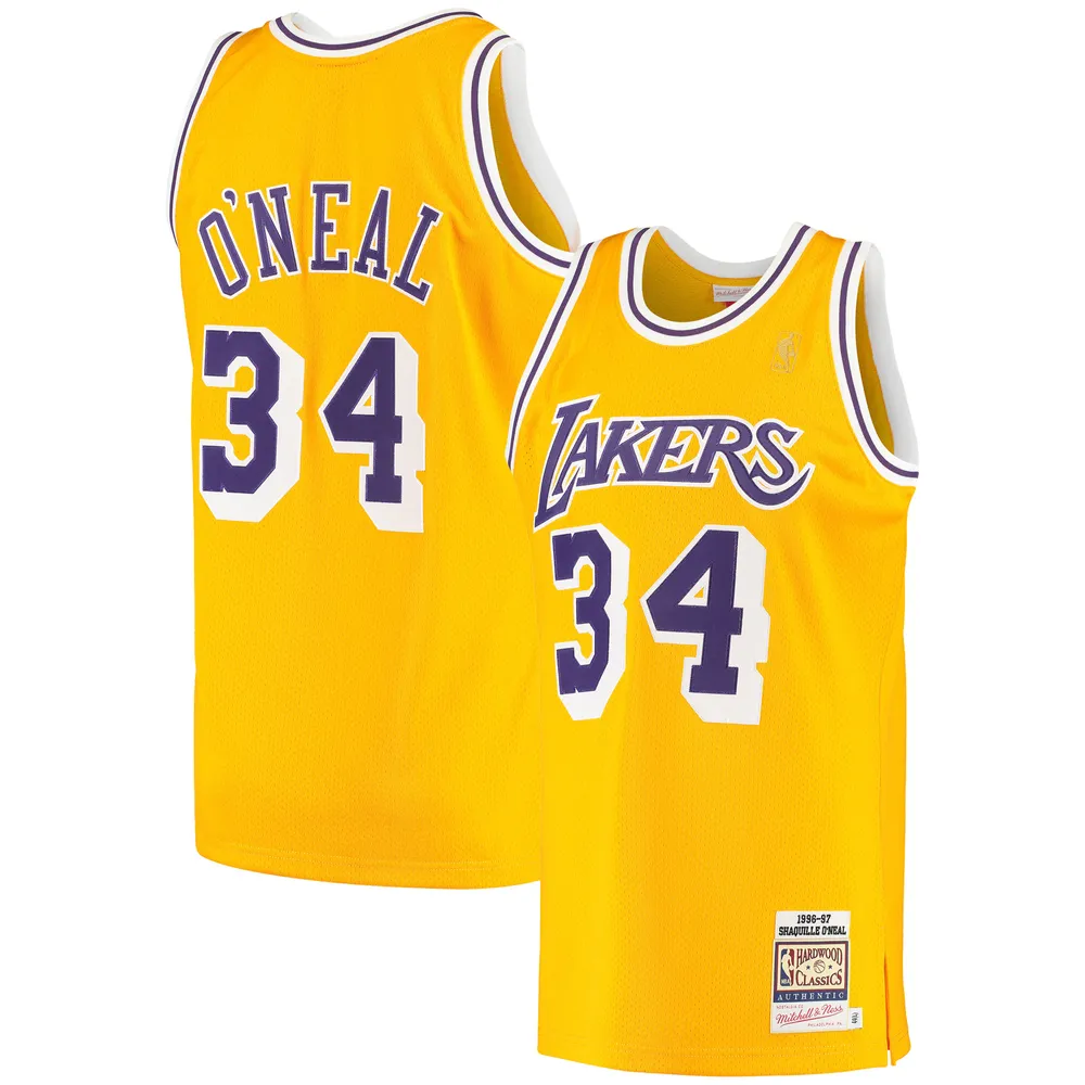 Maillot authentique Mitchell & Ness Shaquille O'Neal Gold Los Angeles Lakers 1996/97 Hardwood Classics pour hommes