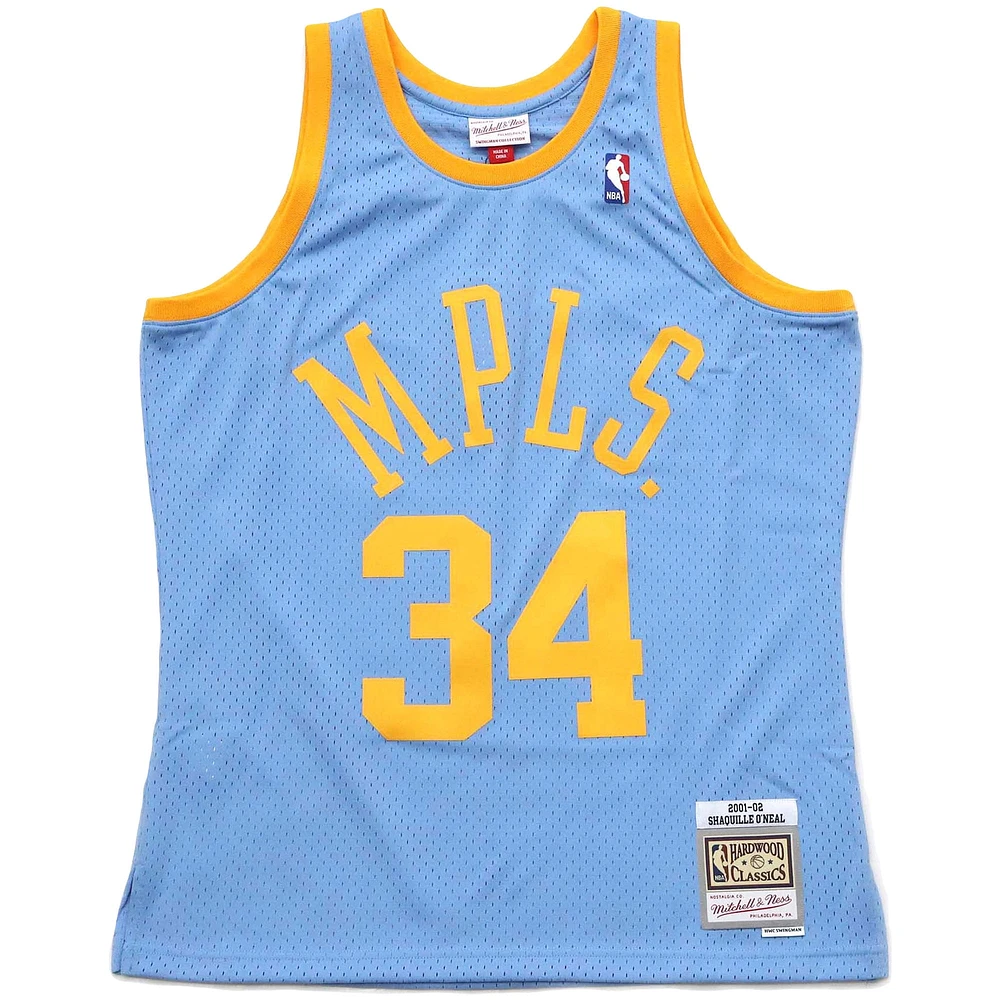 Men's Mitchell & Ness Shaquille O'Neal Light Blue Los Angeles Lakers 2001/02 Hardwood Classics Swingman Retired Player Jersey