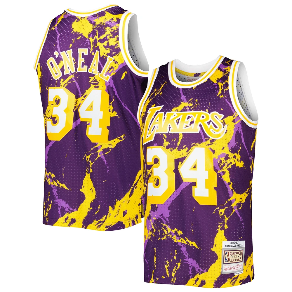 Maillot Swingman en marbre pour hommes Mitchell & Ness Shaquille O'Neal violet Los Angeles Lakers 1996/97 Hardwood Classics