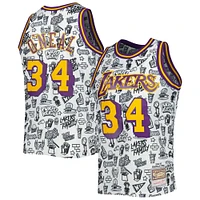 Maillot Mitchell & Ness Shaquille O'Neal blanc Los Angeles Lakers 1996/97 Hardwood Classics Doodle Swingman pour hommes