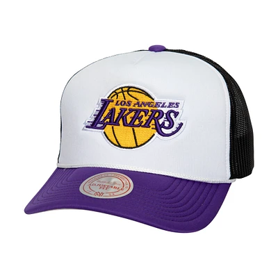 Casquette Snapback de camionneur en mousse sur le devant pour hommes, Mitchell & Ness, Los Angeles Lakers Hardwood Classics Blocker, blanche