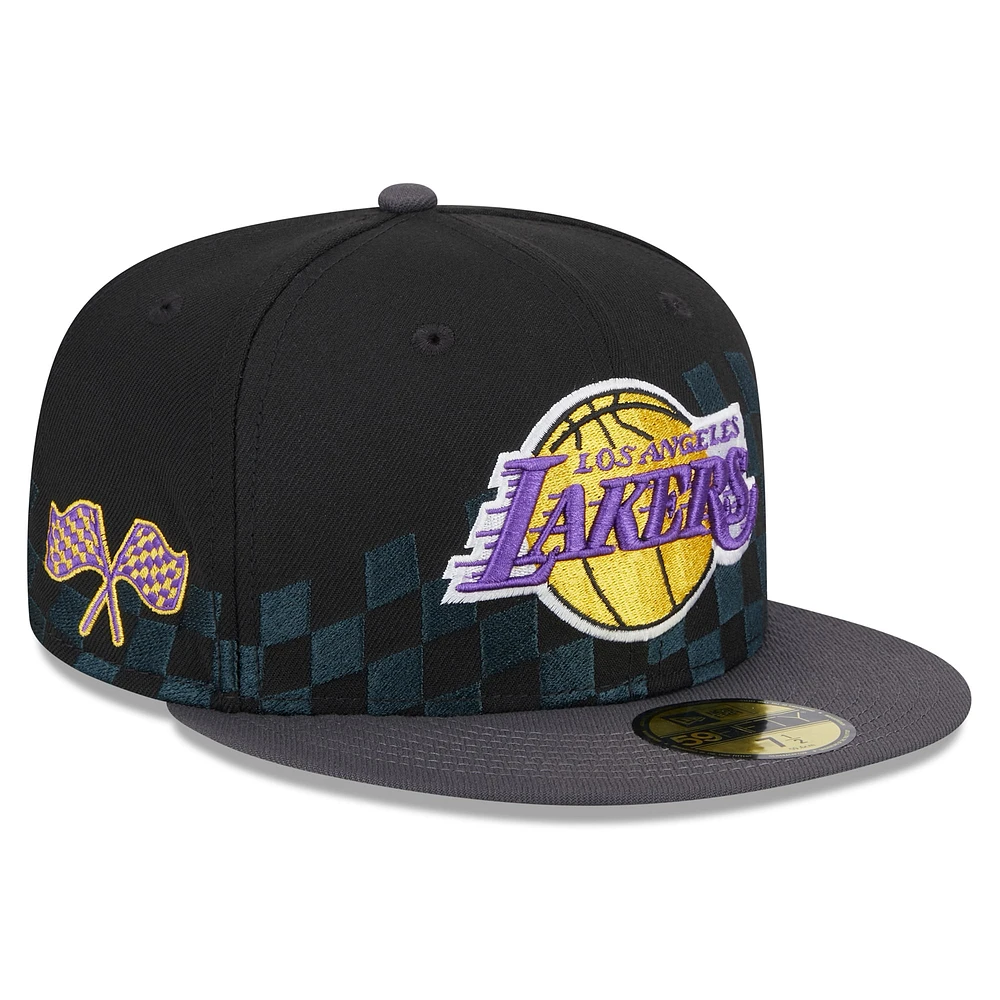 Men's New Era Black Los Angeles Lakers  Rally Drive Checkerboard 59FIFTY Crown Fitted Hat