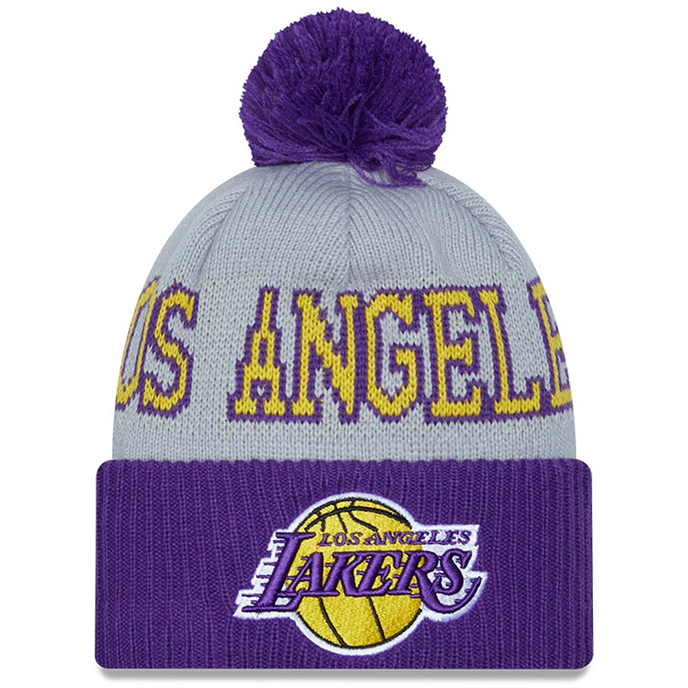 Bonnet en tricot à revers Tip-Off des Lakers de Los Angeles New Era gris/violet avec pompon