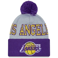 Men's New Era Gray/Purple Los Angeles Lakers Tip-Off Cuffed Knit Hat with Pom