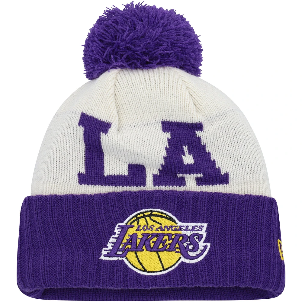 Men's New Era Purple/Cream Los Angeles Lakers 2022 NBA Draft - Cuffed Knit Hat with Pom