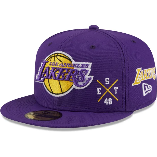 Men's New Era Purple Los Angeles Lakers Icon Pink Undervisor 59FIFTY Fitted Hat, Size: 6 7/8