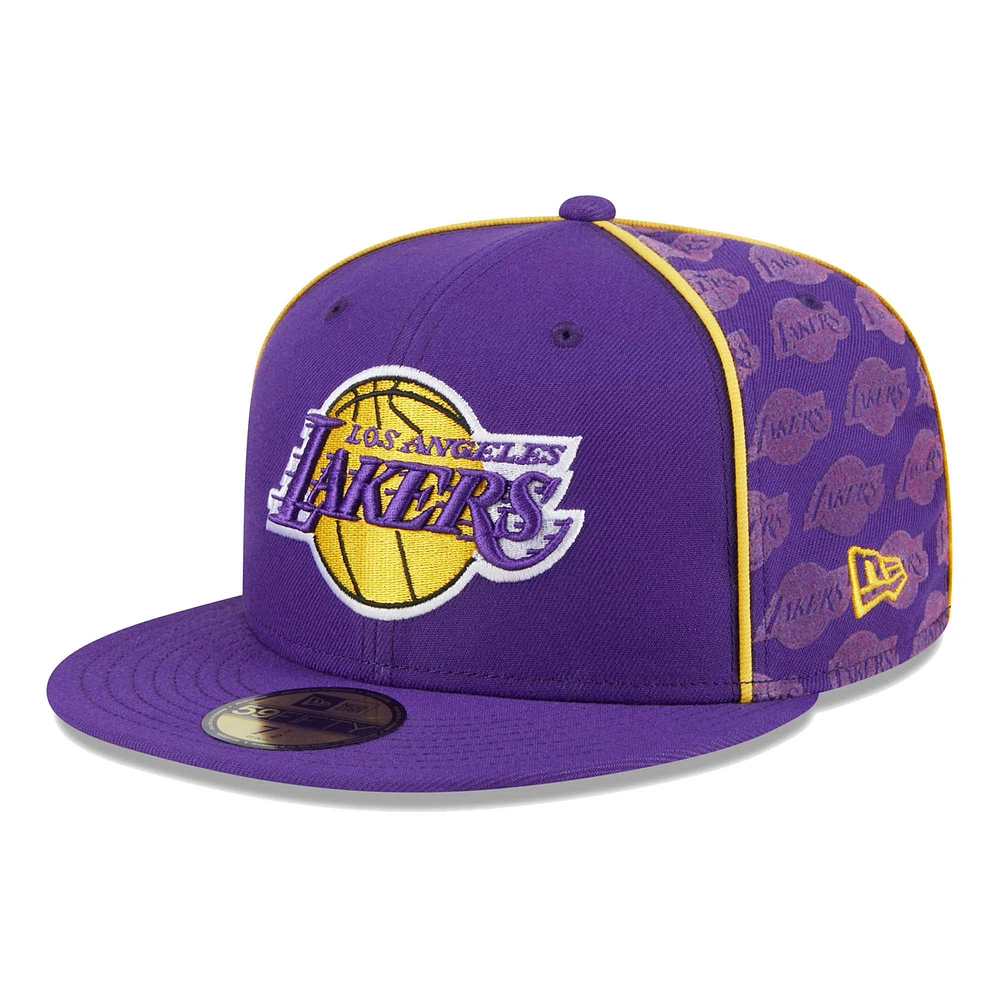 Casquette ajustée 59Fifty violette passepoilée et floquée des Los Angeles Lakers New Era pour homme