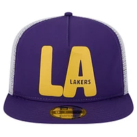 Casquette Snapback de camionneur A-Frame 9FIFTY Purple Los Angeles Lakers Puff Print Team Code New Era pour hommes