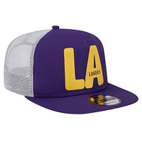 Men's New Era Purple Los Angeles Lakers Puff Print Team Code A-Frame 9FIFTY Trucker Snapback Hat