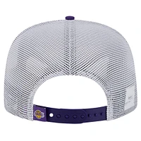 Men's New Era Purple Los Angeles Lakers Puff Print Team Code A-Frame 9FIFTY Trucker Snapback Hat