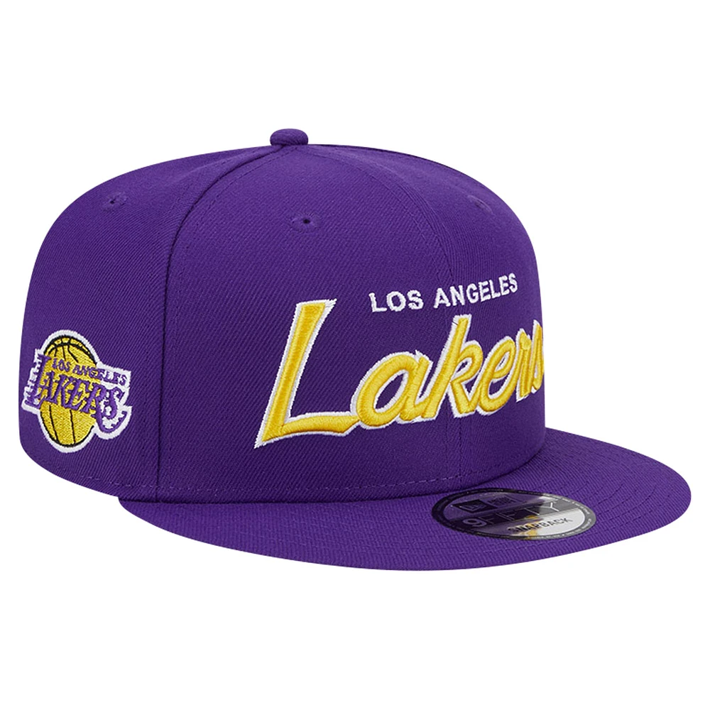 Men's New Era Purple Los Angeles Lakers Script Side Patch 9FIFTY Snapback Hat