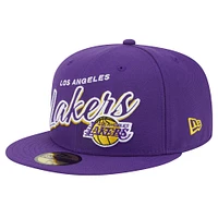 Men's New Era Purple Los Angeles Lakers Sport Night Script Sided 59FIFTY Fitted Hat