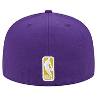 Men's New Era Purple Los Angeles Lakers Sport Night Script Sided 59FIFTY Fitted Hat