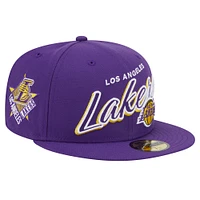 Men's New Era Purple Los Angeles Lakers Sport Night Script Sided 59FIFTY Fitted Hat