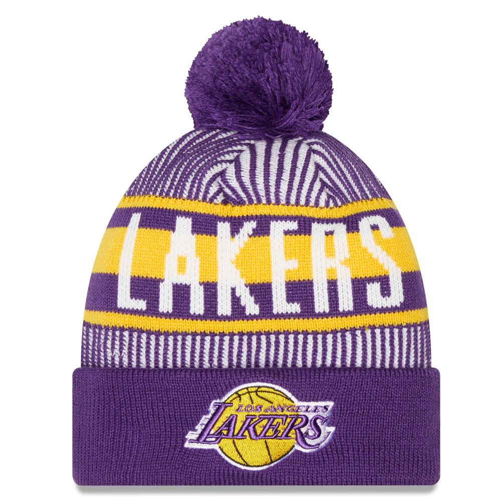 Men's New Era Purple Los Angeles Lakers Striped - Cuff Knit Hat with Pom