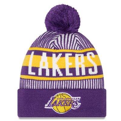 Men's New Era Purple Los Angeles Lakers Striped - Cuff Knit Hat with Pom