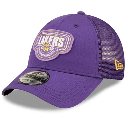 Men's New Era Purple Los Angeles Lakers Marble 9FORTY Trucker Snapback Hat