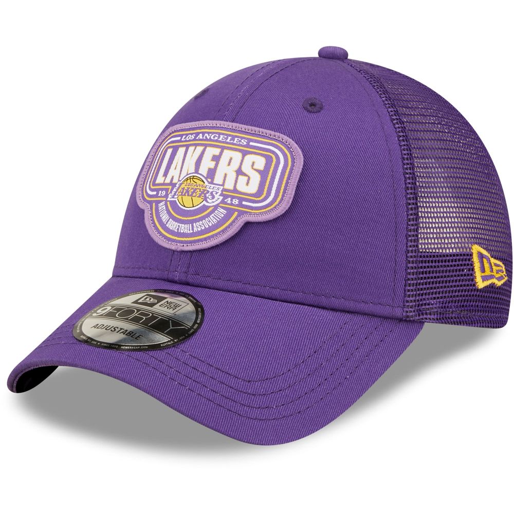 Men's New Era Purple Los Angeles Lakers Team Logo Patch 9FORTY Trucker Snapback Hat