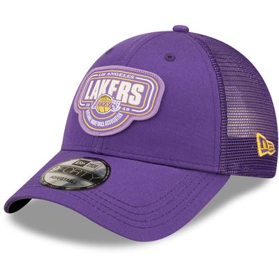 Men's New Era Purple Los Angeles Lakers Team Logo Patch 9FORTY Trucker Snapback Hat