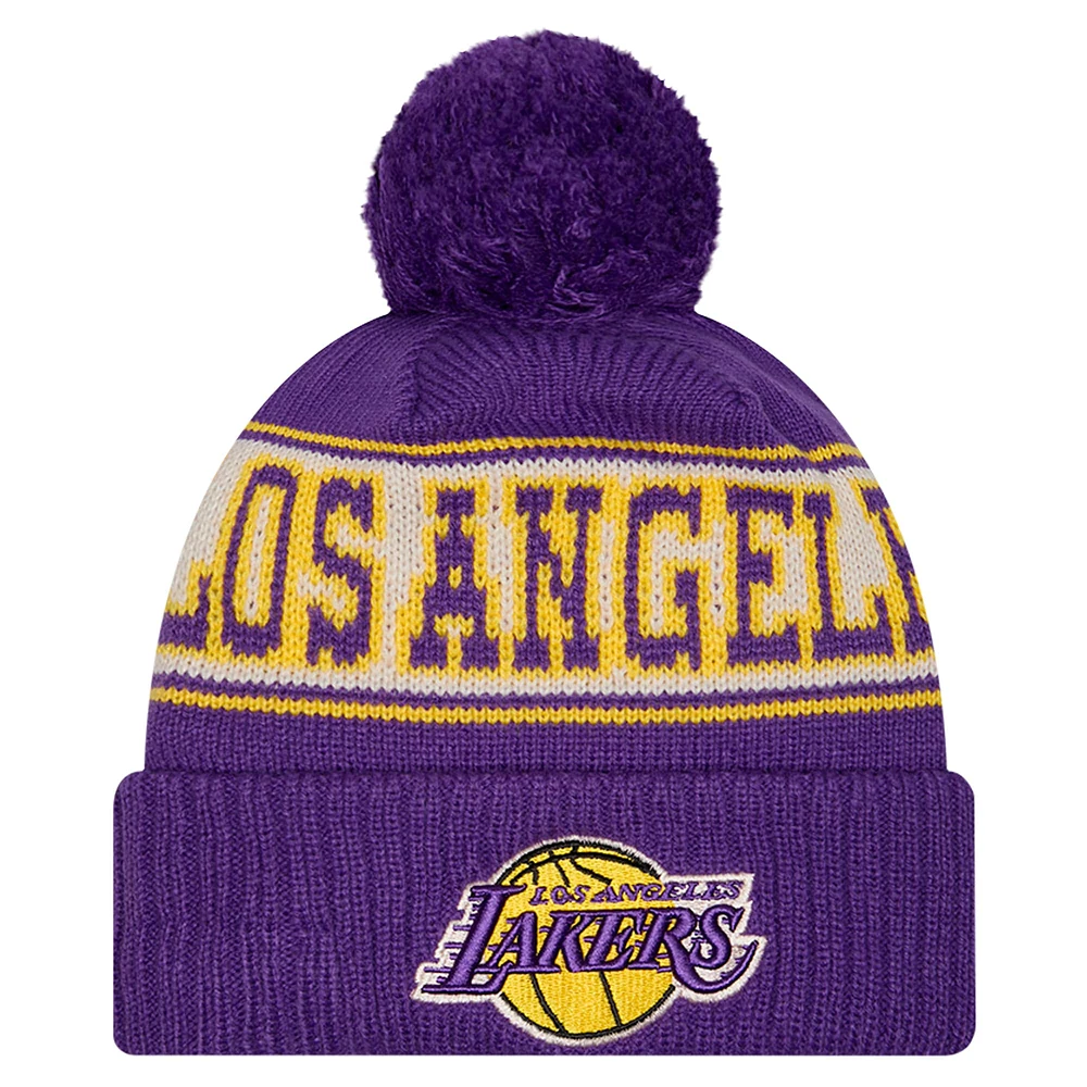 Bonnet en tricot à revers rétro Los Angeles Lakers violet New Era pour homme avec pompon