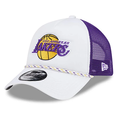 Men's New Era White/Purple Los Angeles Lakers Court Sport Foam A-Frame 9FORTY Adjustable Trucker Hat