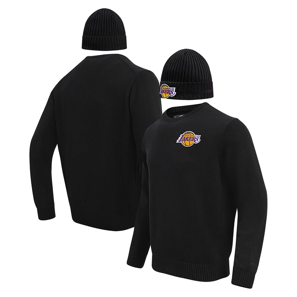 Coffret cadeau pull à col rond et bonnet en tricot revers Pro Standard noir des Los Angeles Lakers pour hommes