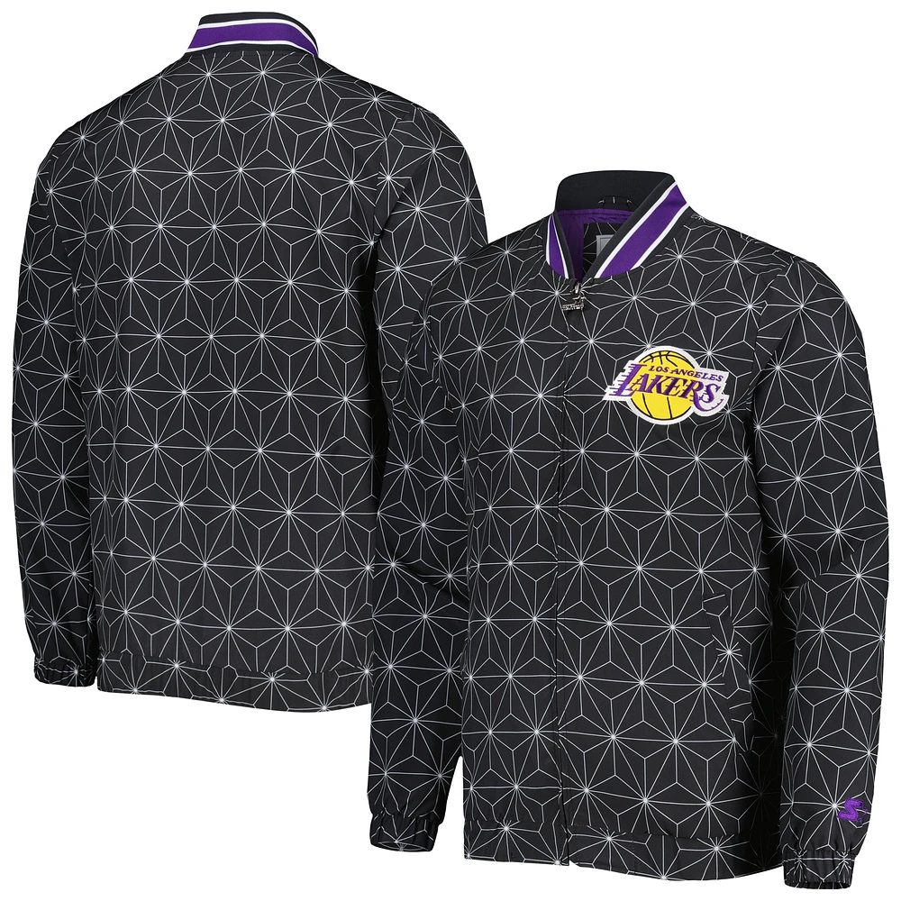 Men's Starter Black Los Angeles Lakers In-Field Play Fashion Satin Full-Zip Varsity Jacket