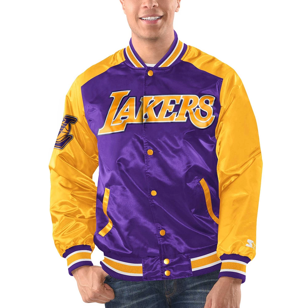 Veste universitaire à bouton-pression en satin pour hommes Starter violet/or des Los Angeles Lakers Renegade