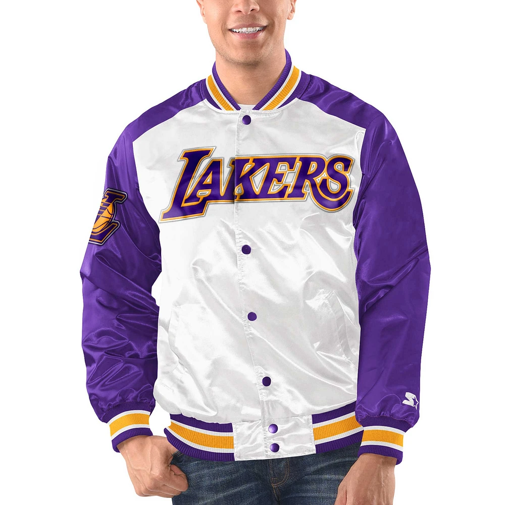 Veste universitaire à bouton-pression en satin Renegade des Los Angeles Lakers Starter blanc/violet pour hommes