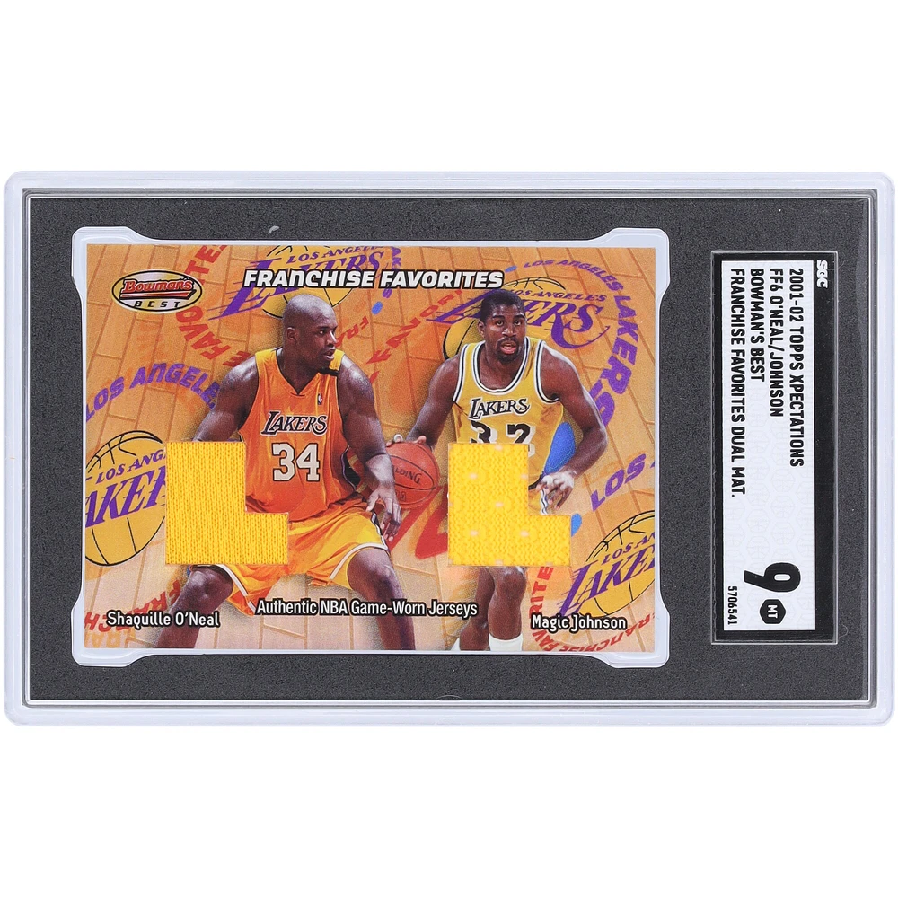 Shaquille O'Neal et Magic Johnson Los Angeles Lakers 2001-02 Topps Xpectations Bowman's Best Franchise Favorites Dual Materials Relic #FF6 SGC Authenticated 9 Card