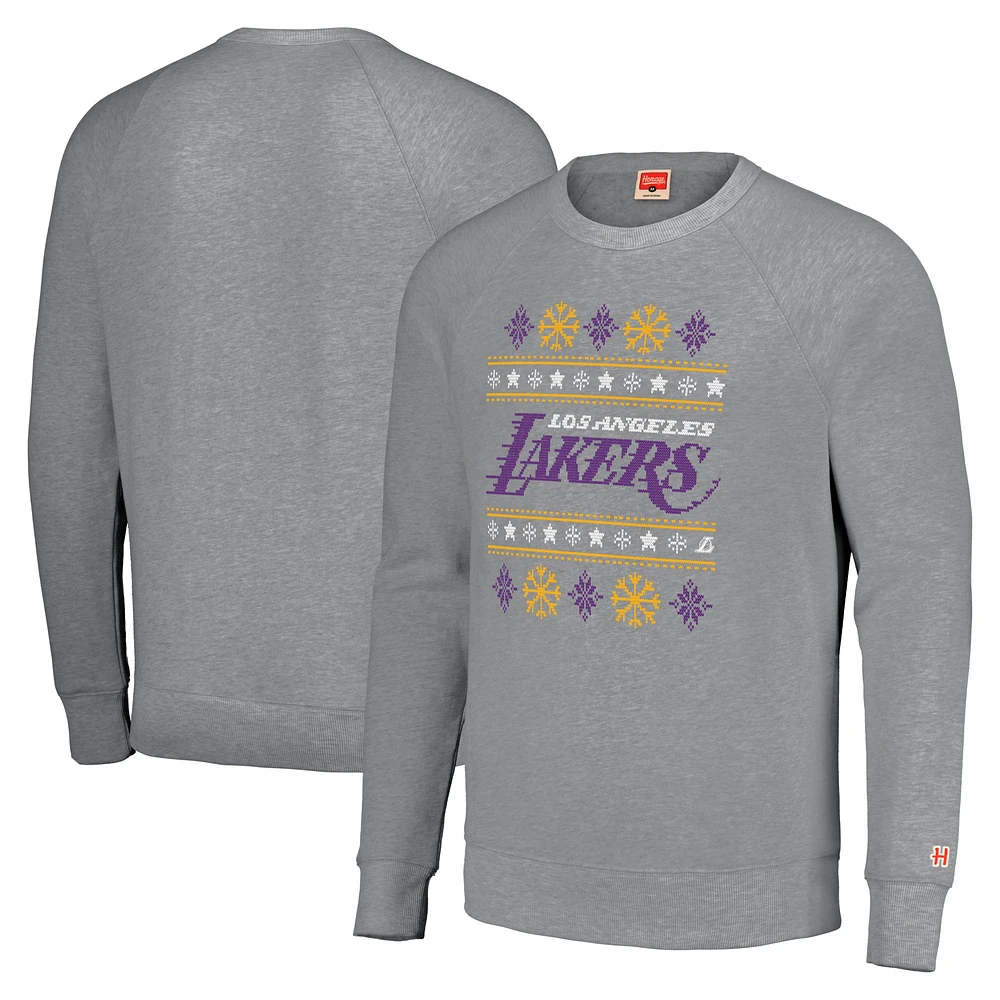 Sweat-shirt unisexe Hommage gris Los Angeles Lakers Holiday Raglan