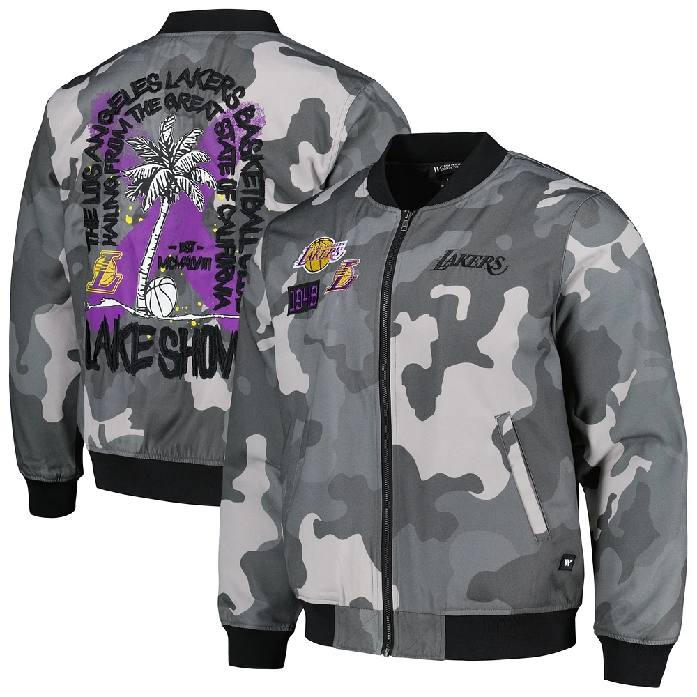 Veste unisexe The Wild Collective gris Los Angeles Lakers 2023/24 City Edition Camo Bomber entièrement zippée