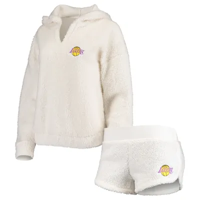 Los Angeles Lakers Concepts Sport Women's Fluffy Long Sleeve Hoodie Top & Shorts Sleep Set - Cream