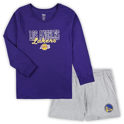 Women's Concepts Sport Purple/Heather Gray Los Angeles Lakers Plus Long Sleeve T-Shirt and Shorts Sleep Set