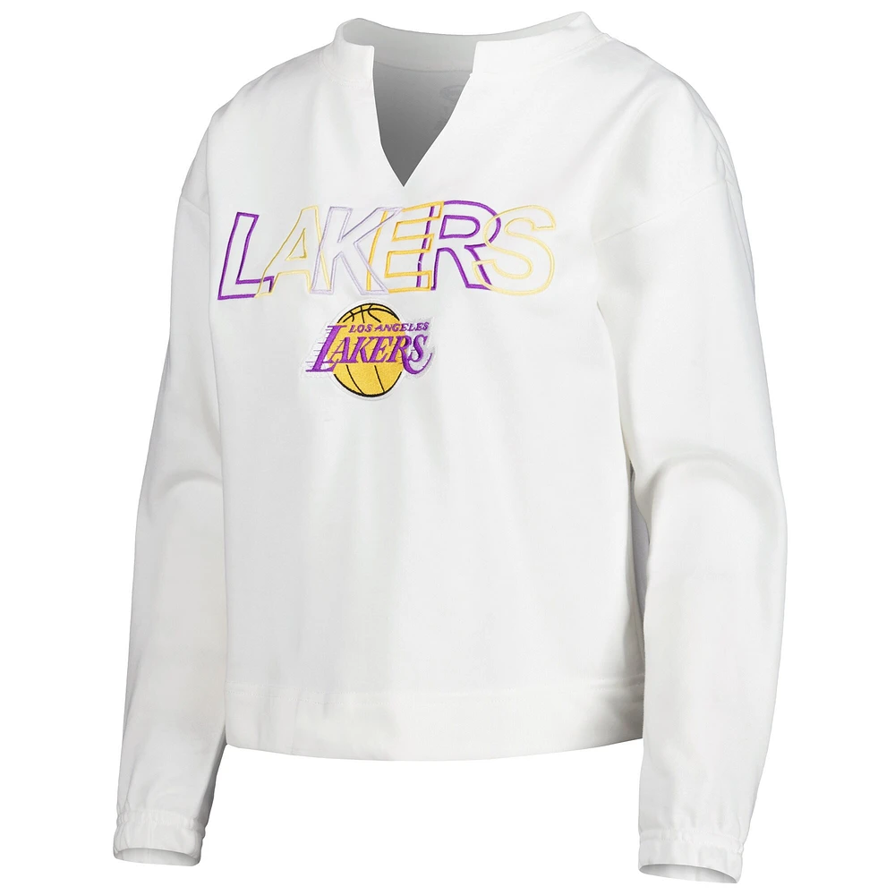 Concepts Sport - T-shirt à manches longues et col cranté Los Angeles Lakers Sunray pour femme, blanc