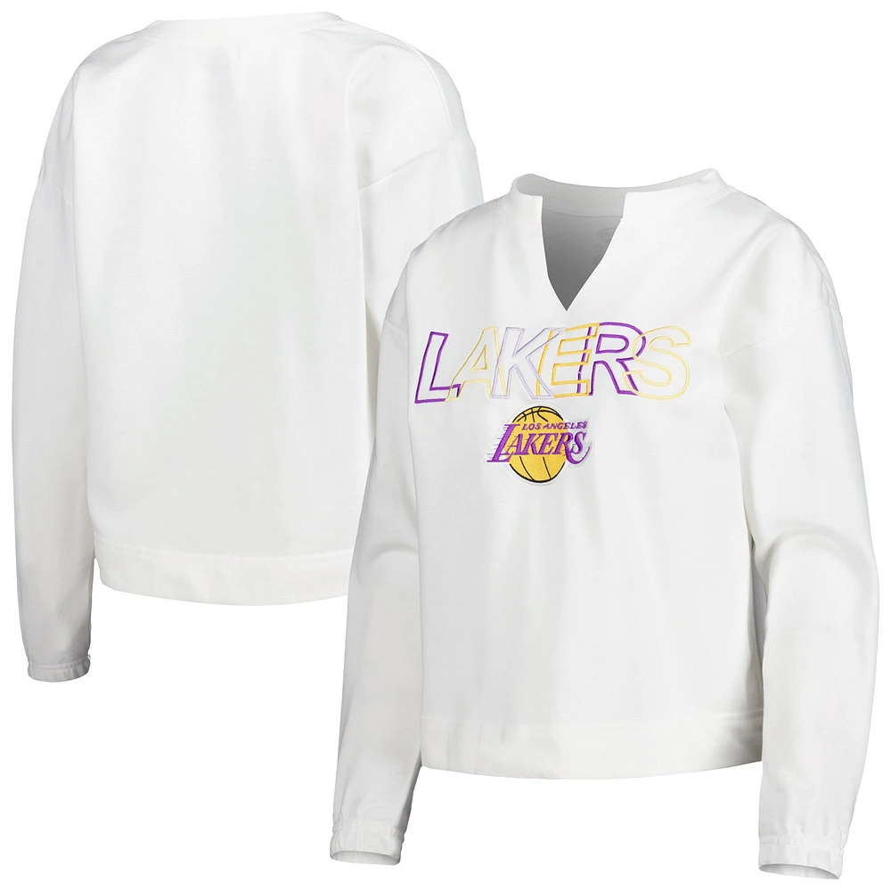 Women's Concepts Sport  White Los Angeles Lakers Sunray Notch Neck Long Sleeve T-Shirt