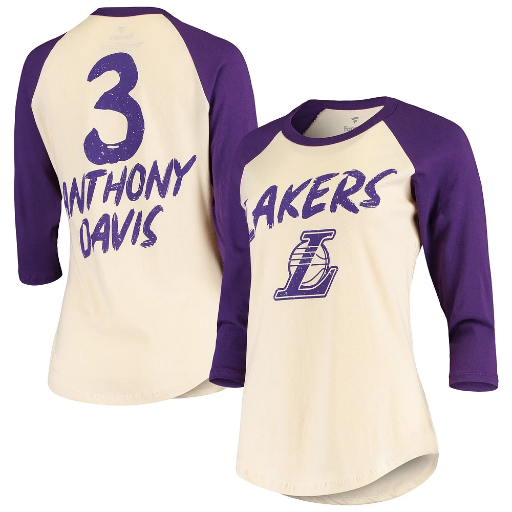 T-shirt raglan à manches 3/4 Fanatics Anthony Davis pour femmes, crème, Los Angeles Lakers