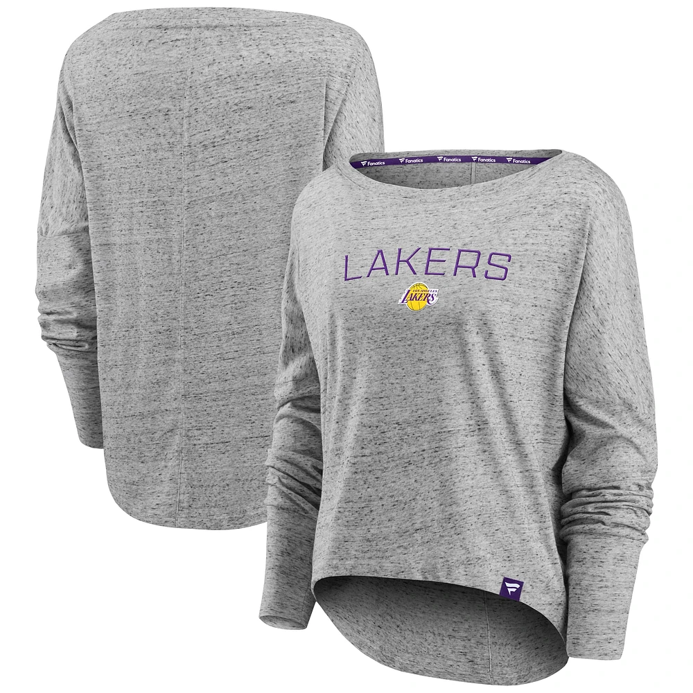 T-shirt à manches longues et épaules dénudées Nostalgia des Los Angeles Lakers Fanatics gris chiné pour femmes