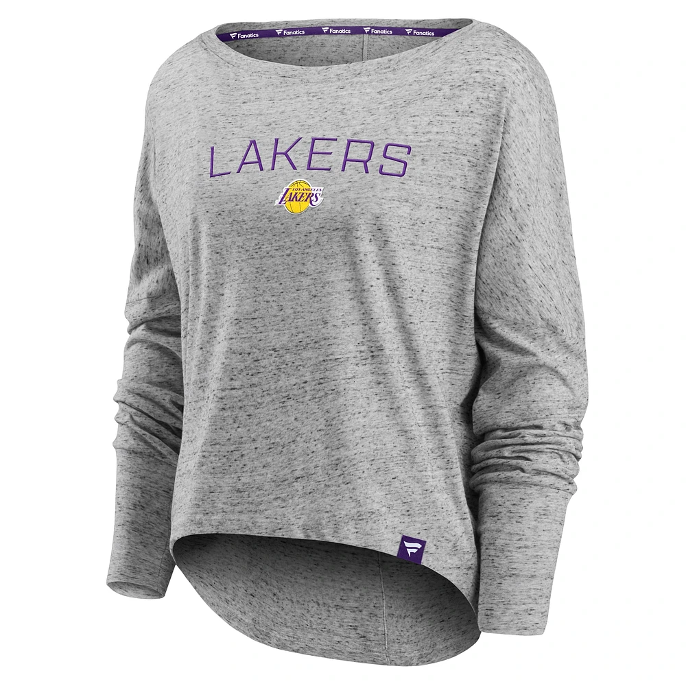 Women's Fanatics Heathered Gray Los Angeles Lakers Nostalgia Off-The-Shoulder Long Sleeve T-Shirt