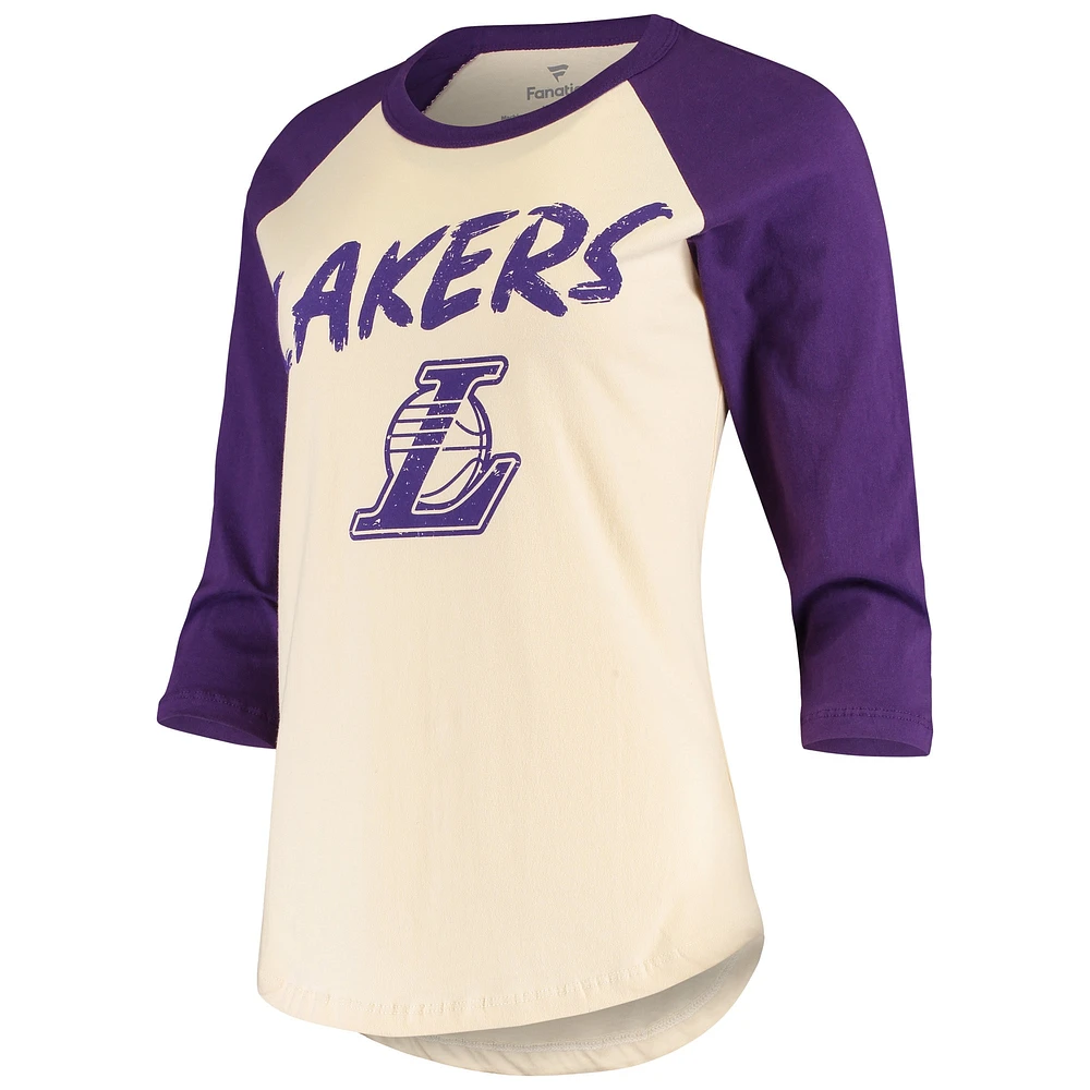 T-shirt raglan crème à manches 3/4 Fanatics LeBron James pour femmes, Los Angeles Lakers