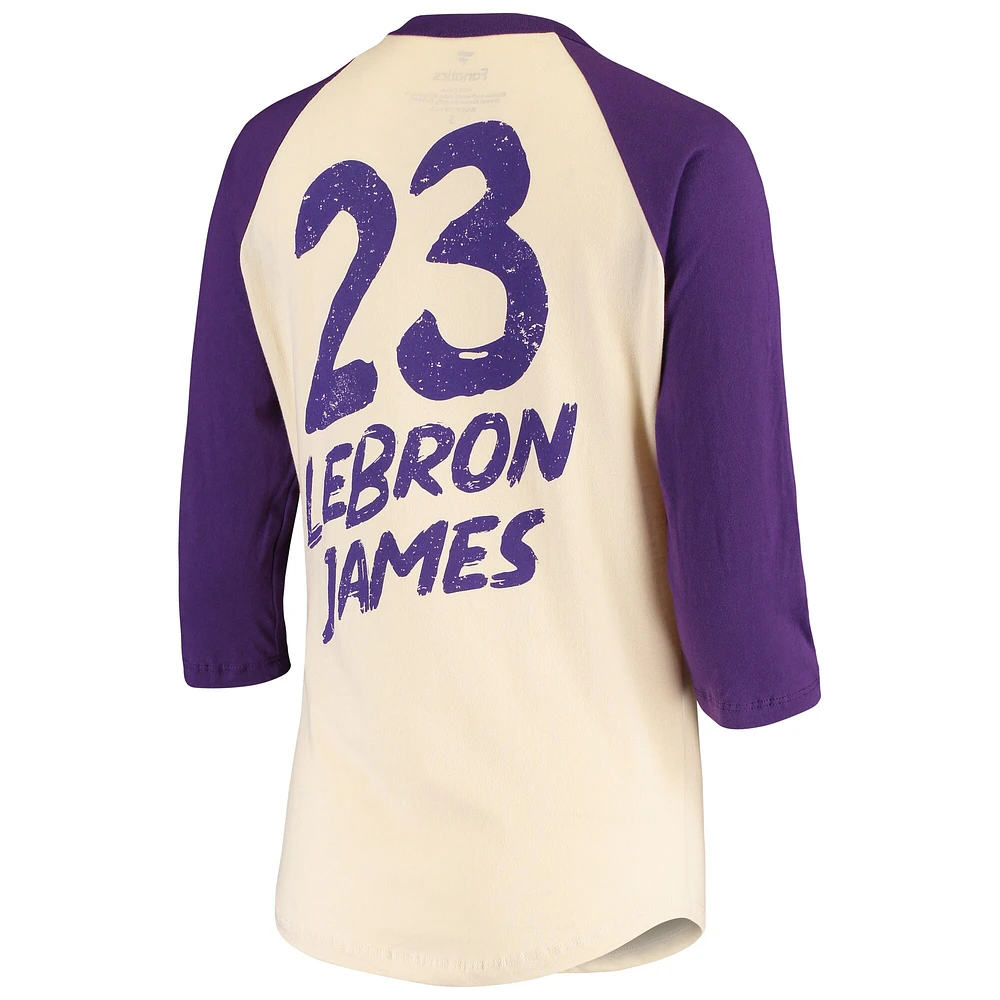 T-shirt raglan crème à manches 3/4 Fanatics LeBron James pour femmes, Los Angeles Lakers