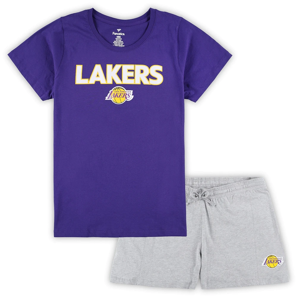 Women's Fanatics Purple/Heather Gray Los Angeles Lakers Plus T-Shirt & Shorts Combo Set