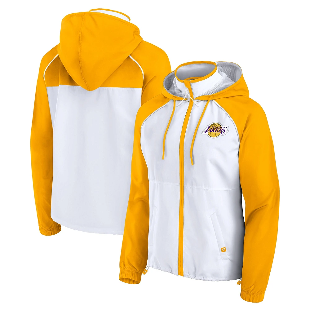 Veste à capuche zippée intégrale Fanatics blanche/dorée Los Angeles Lakers Anorak Raglan pour femme