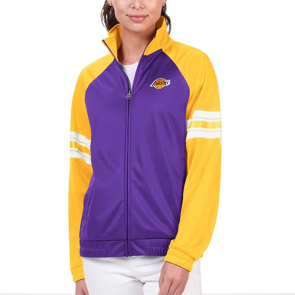 Veste de survêtement entièrement zippée violette G-III 4Her par Carl Banks pour femmes des Los Angeles Lakers Main Player Raglan strass