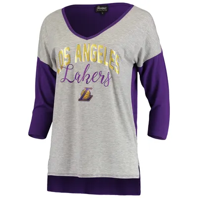 Los Angeles Lakers Mitchell & Ness Color Blocked Long Sleeve Hoodie T-Shirt  - Heathered Gray/Purple