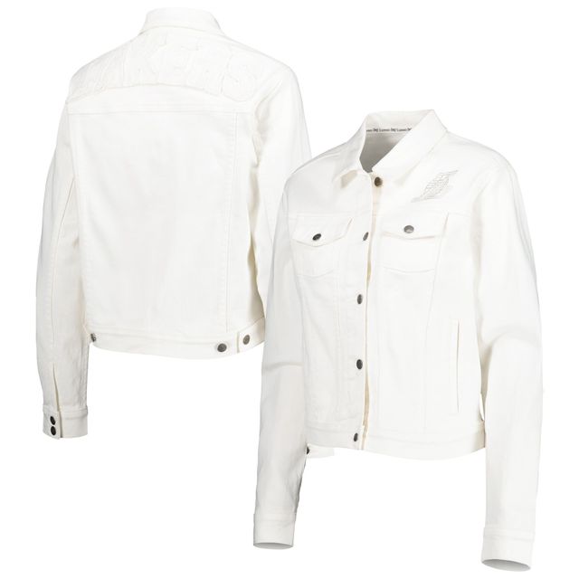 Veste en jean boutonnée Lusso White Los Angeles Lakers pour femme avec cristaux Swarovski et effet usé