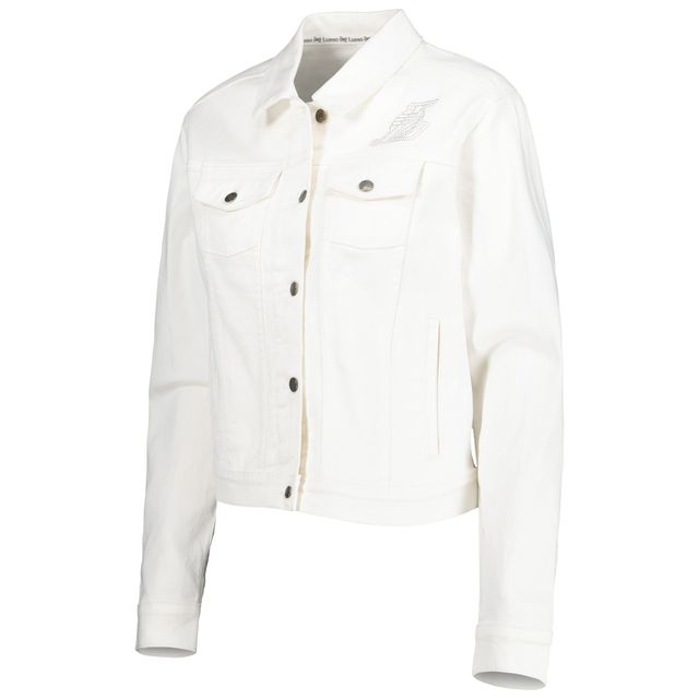 Veste en jean boutonnée Lusso White Los Angeles Lakers pour femme avec cristaux Swarovski et effet usé