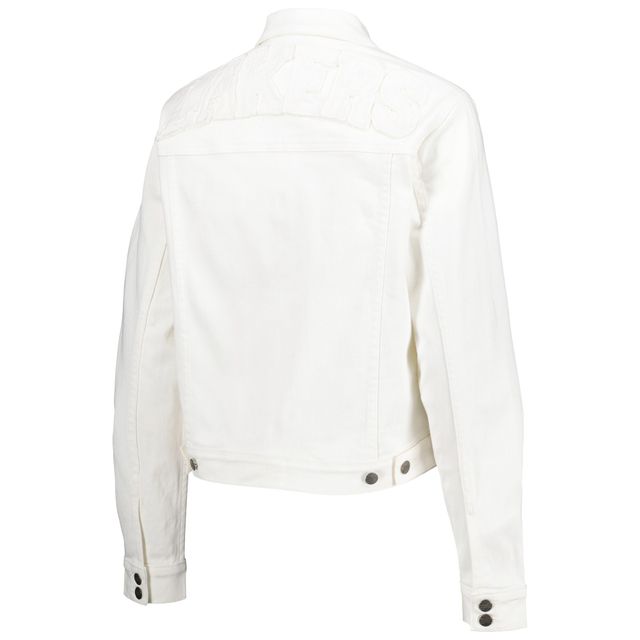 Veste en jean boutonnée Lusso White Los Angeles Lakers pour femme avec cristaux Swarovski et effet usé