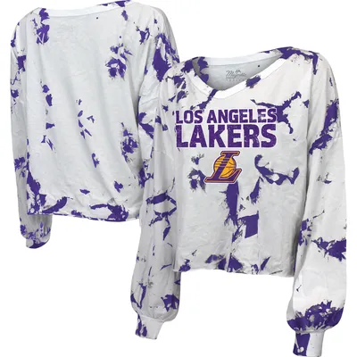 Los Angeles Lakers Majestic Threads Women's Aquarius Tie-Dye Cropped V-Neck Long Sleeve T-Shirt - White
