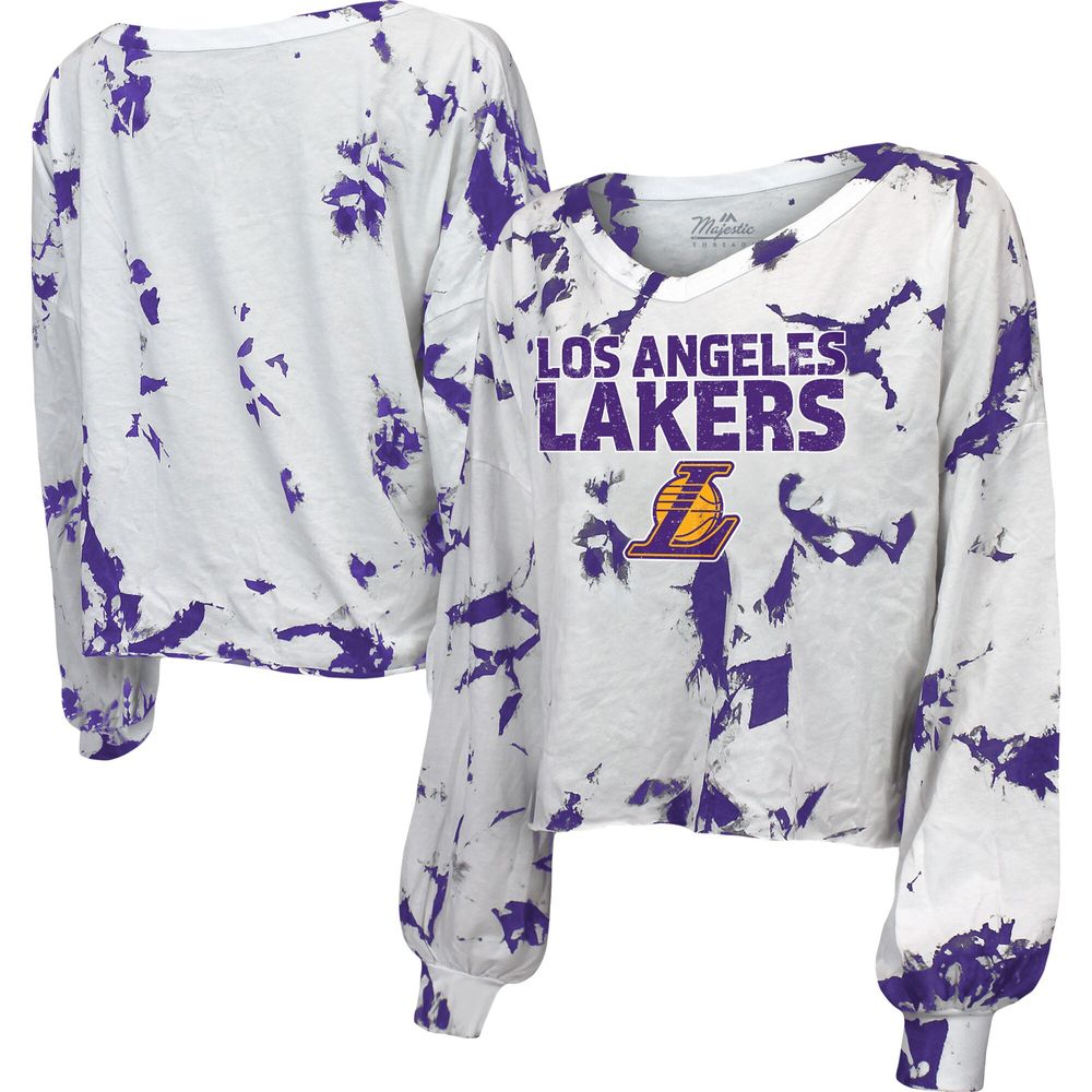 Women's Majestic Threads White Los Angeles Lakers Aquarius Tie-Dye Cropped V-Neck Long Sleeve T-Shirt